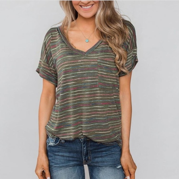 Love Is Real Couture Tops - LAST ONE!! Green & Multi Color Front Pocket Tee